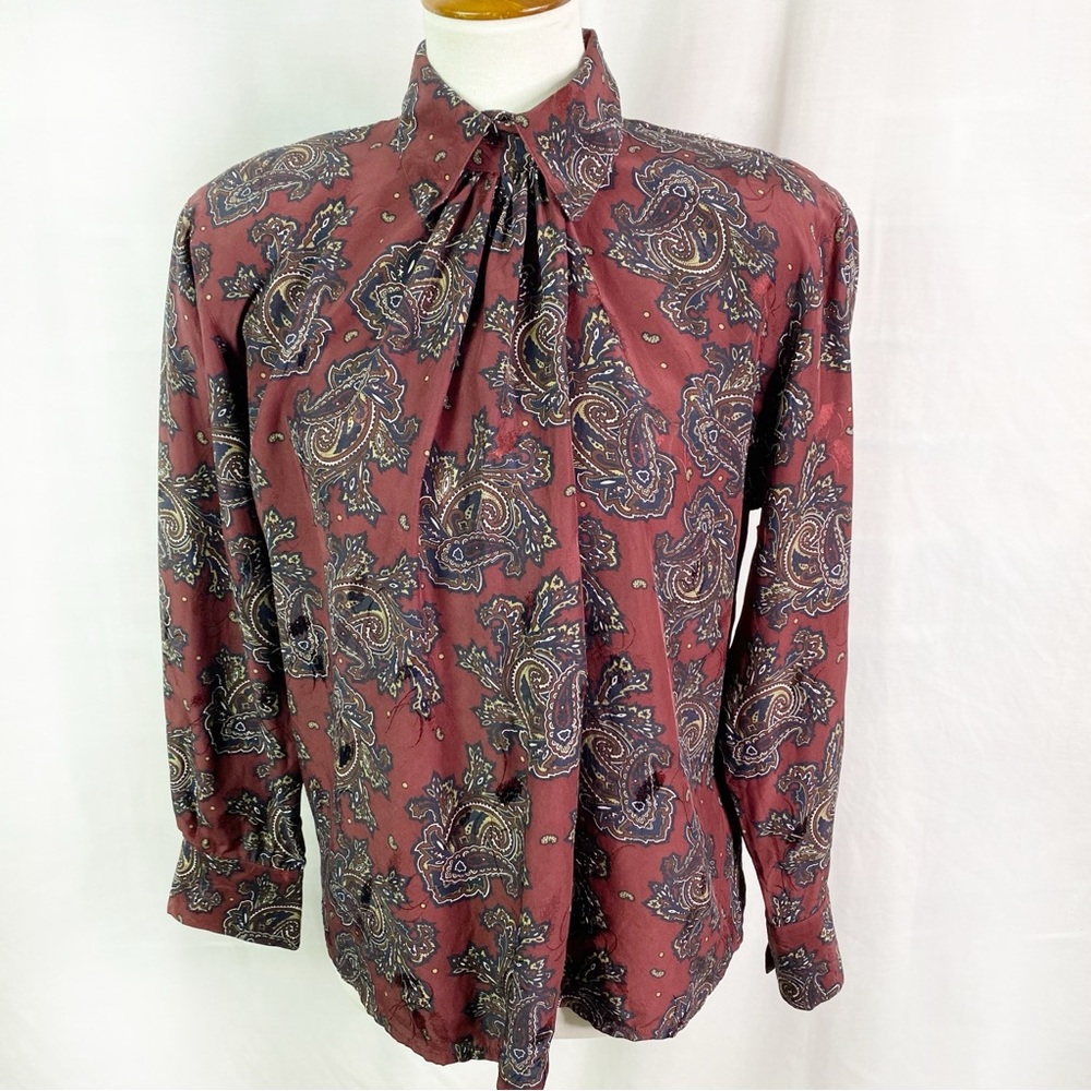 Vintage Preston & York Burgundy Wine Paisley Faux Jabot Silk Fitted Blouse Sm